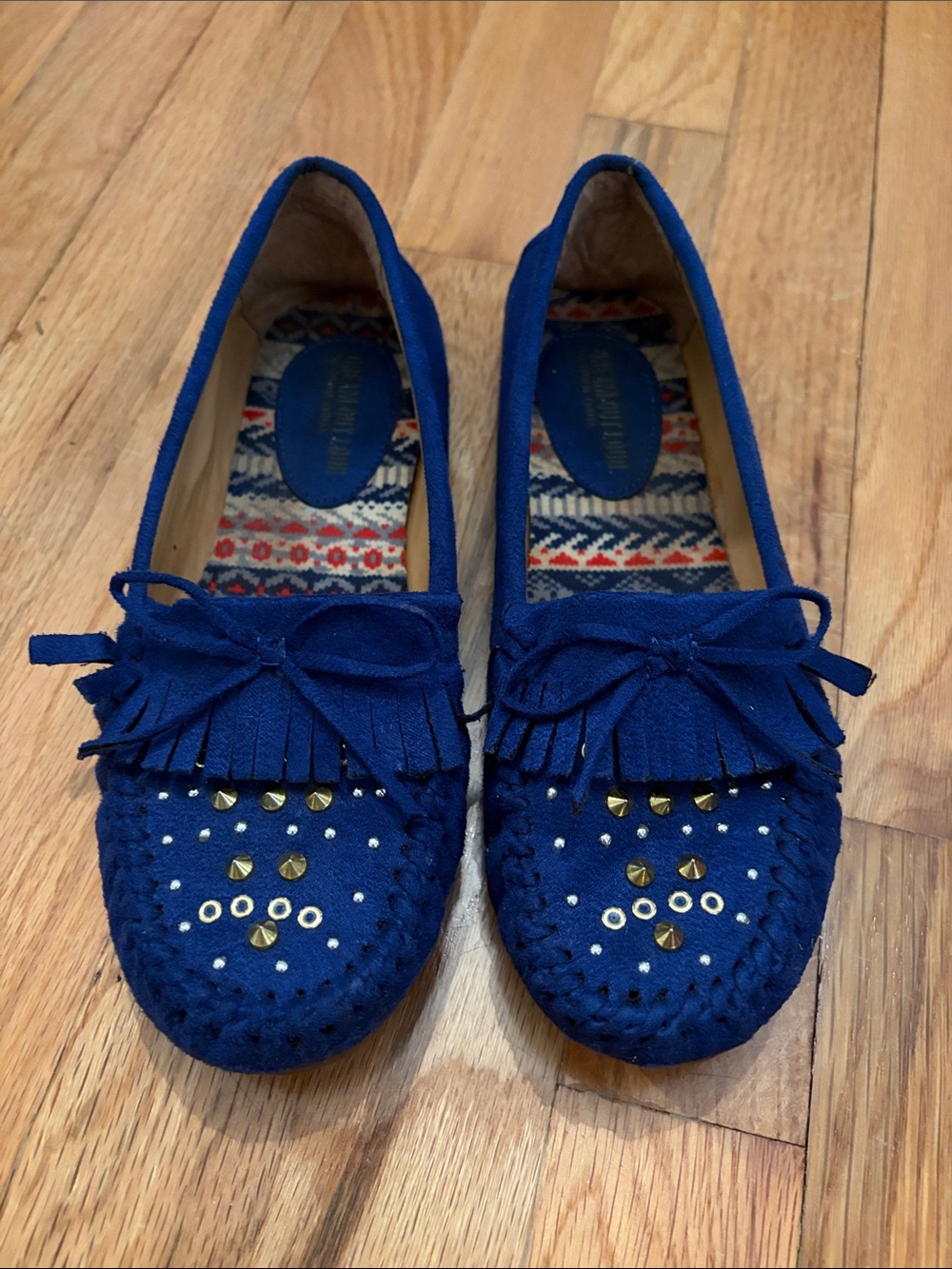 Women's Blue Fringe Moccasin Loafers with Stud Accents